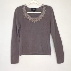 Ellen Tracy For Bloomingdales Cashmere Sweater Embellished Beaded Neckline Taupe